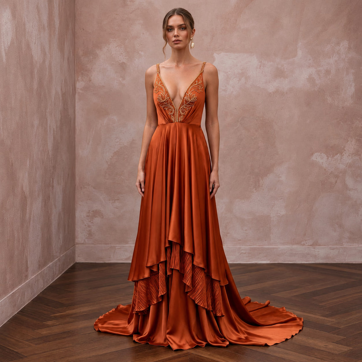 Burnt Orange Silk Charmeuse Plunge Neck Flowing Maxi Dress