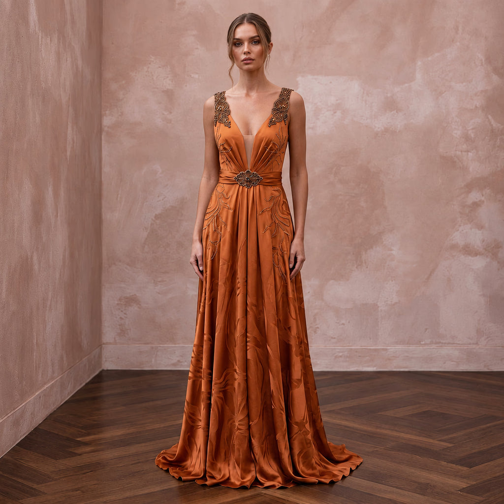 Burnt Orange Silk Charmeuse Plunge Neck Flowing Maxi Dress