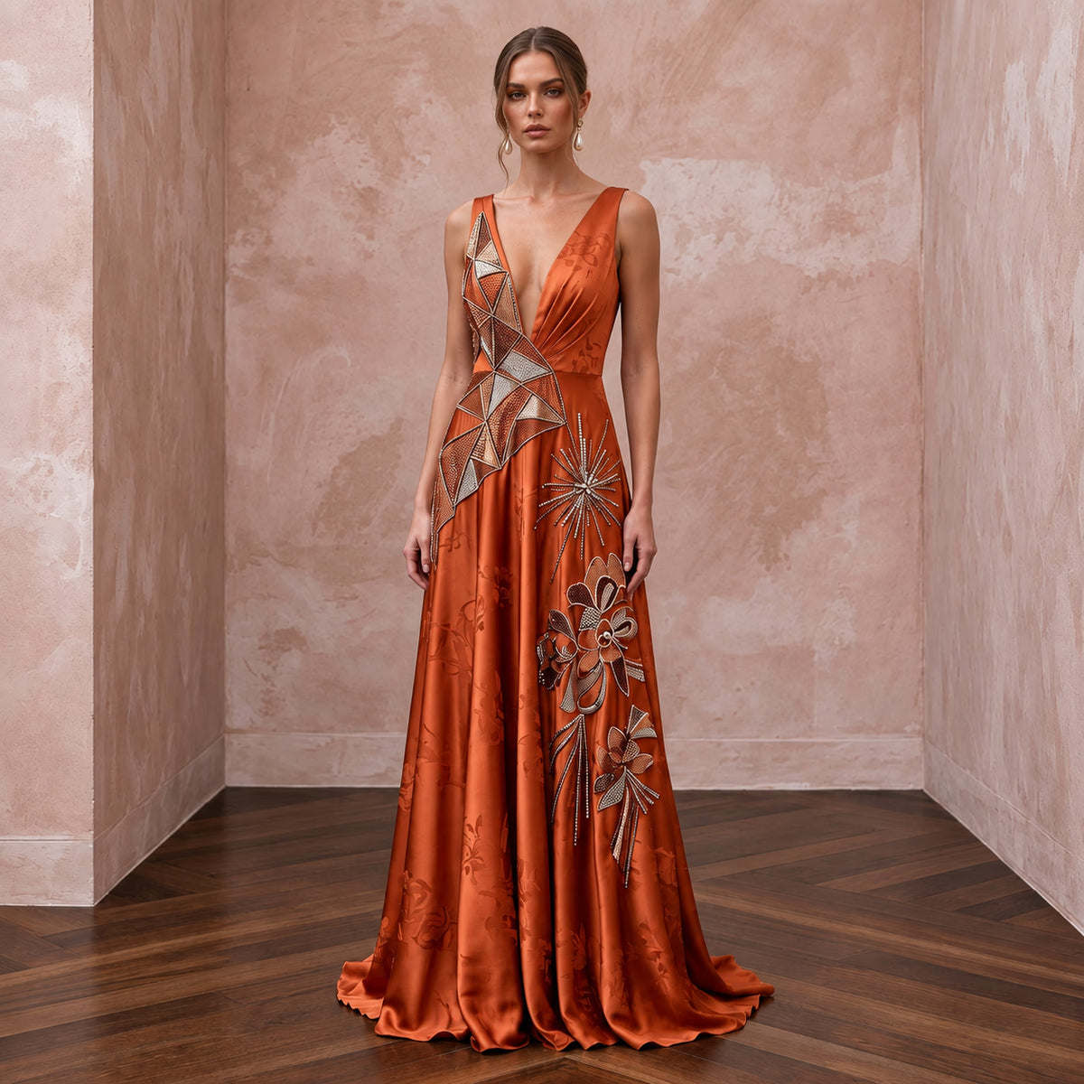 Burnt Orange Silk Charmeuse Plunge Neck Flowing Maxi Dress