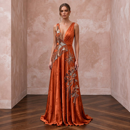 Burnt Orange Silk Charmeuse Plunge Neck Flowing Maxi Dress