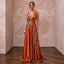 Burnt Orange Silk Charmeuse Plunge Neck Flowing Maxi Dress