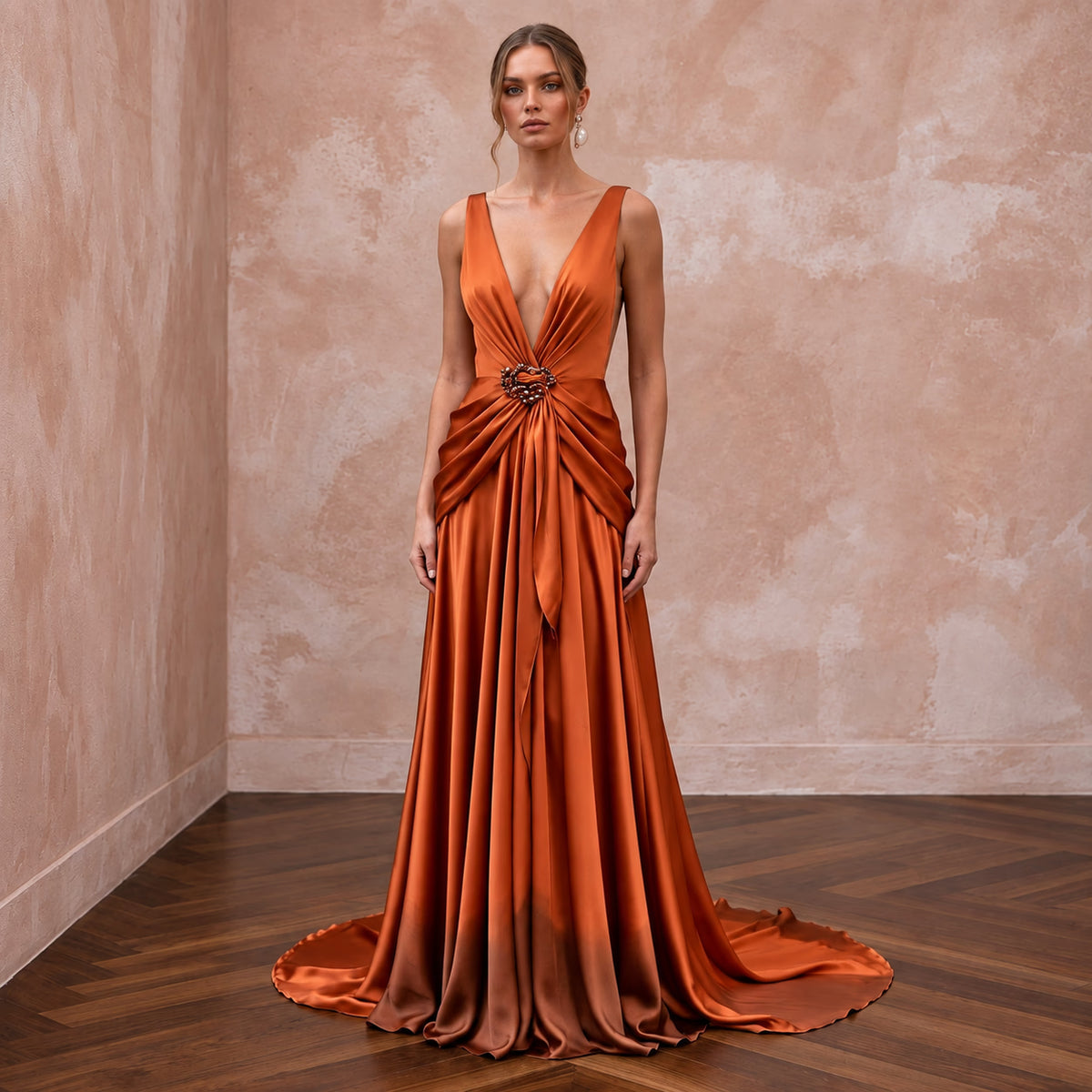 Burnt Orange Silk Charmeuse Plunge Neck Flowing Maxi Dress