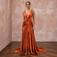 Burnt Orange Silk Charmeuse Plunge Neck Flowing Maxi Dress