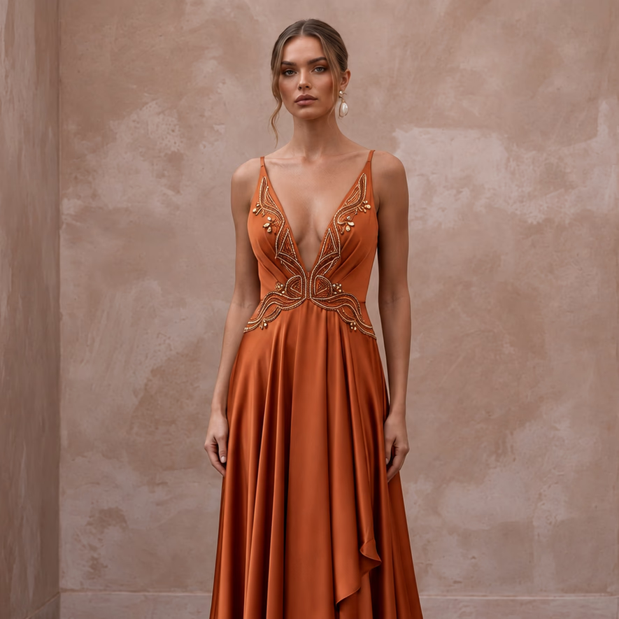 Burnt Orange Silk Charmeuse Plunge Neck Flowing Maxi Dress - Apparel & Accessories > Clothing > Wedding & Bridal Party Dresses > Wedding Dresses - Mignonette Bridal