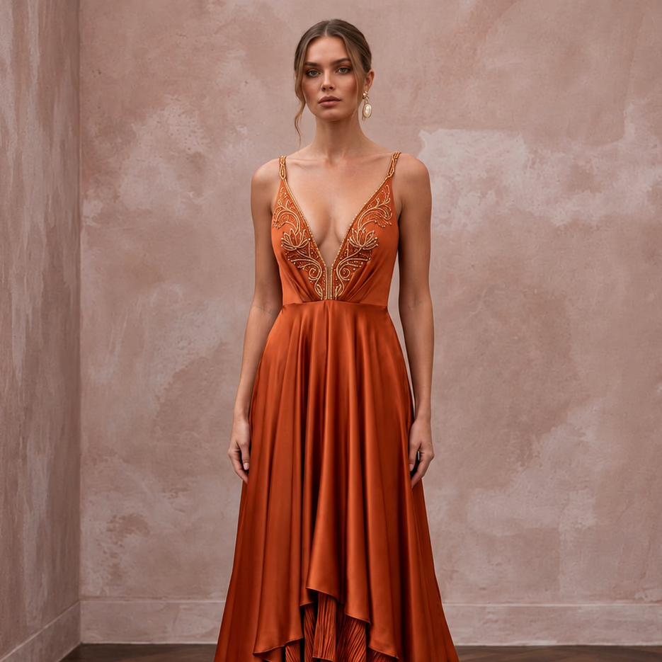 Burnt Orange Silk Charmeuse Plunge Neck Flowing Maxi Dress