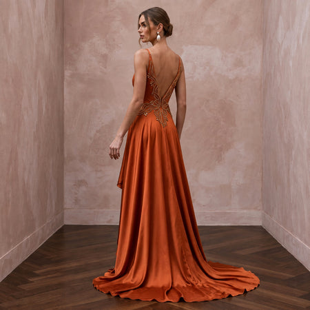 Burnt Orange Silk Charmeuse Plunge Neck Flowing Maxi Dress - Apparel & Accessories > Clothing > Wedding & Bridal Party Dresses > Wedding Dresses - Mignonette Bridal