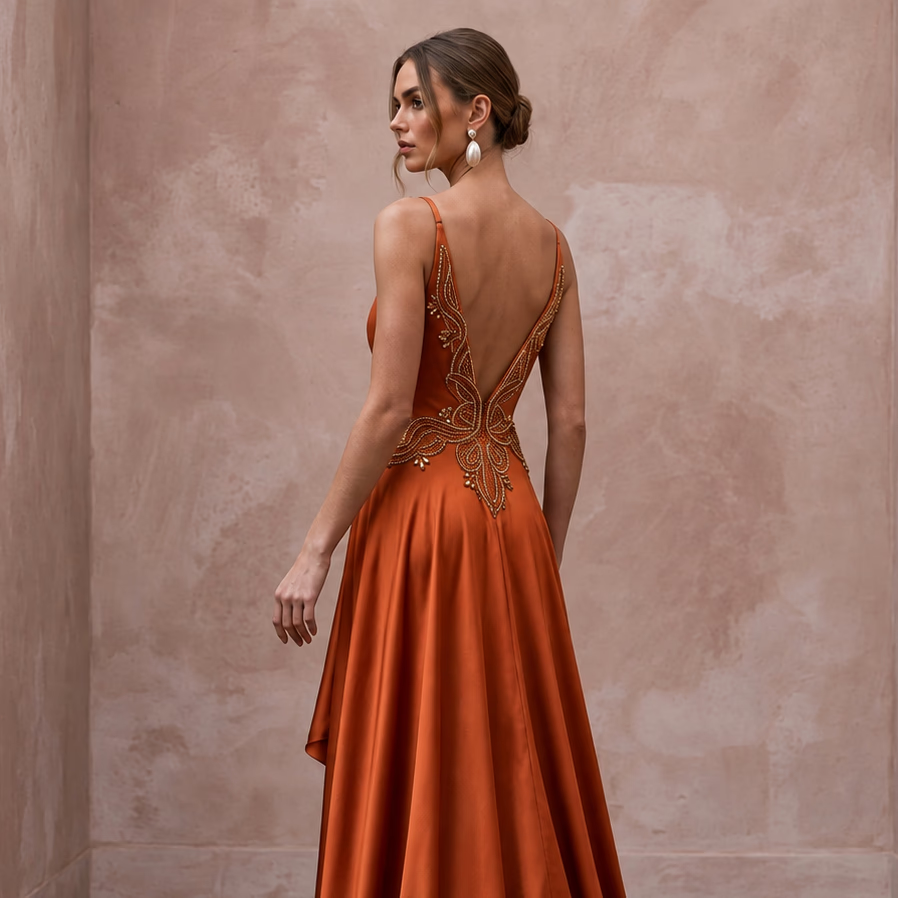 Burnt Orange Silk Charmeuse Plunge Neck Flowing Maxi Dress - Apparel & Accessories > Clothing > Wedding & Bridal Party Dresses > Wedding Dresses - Mignonette Bridal