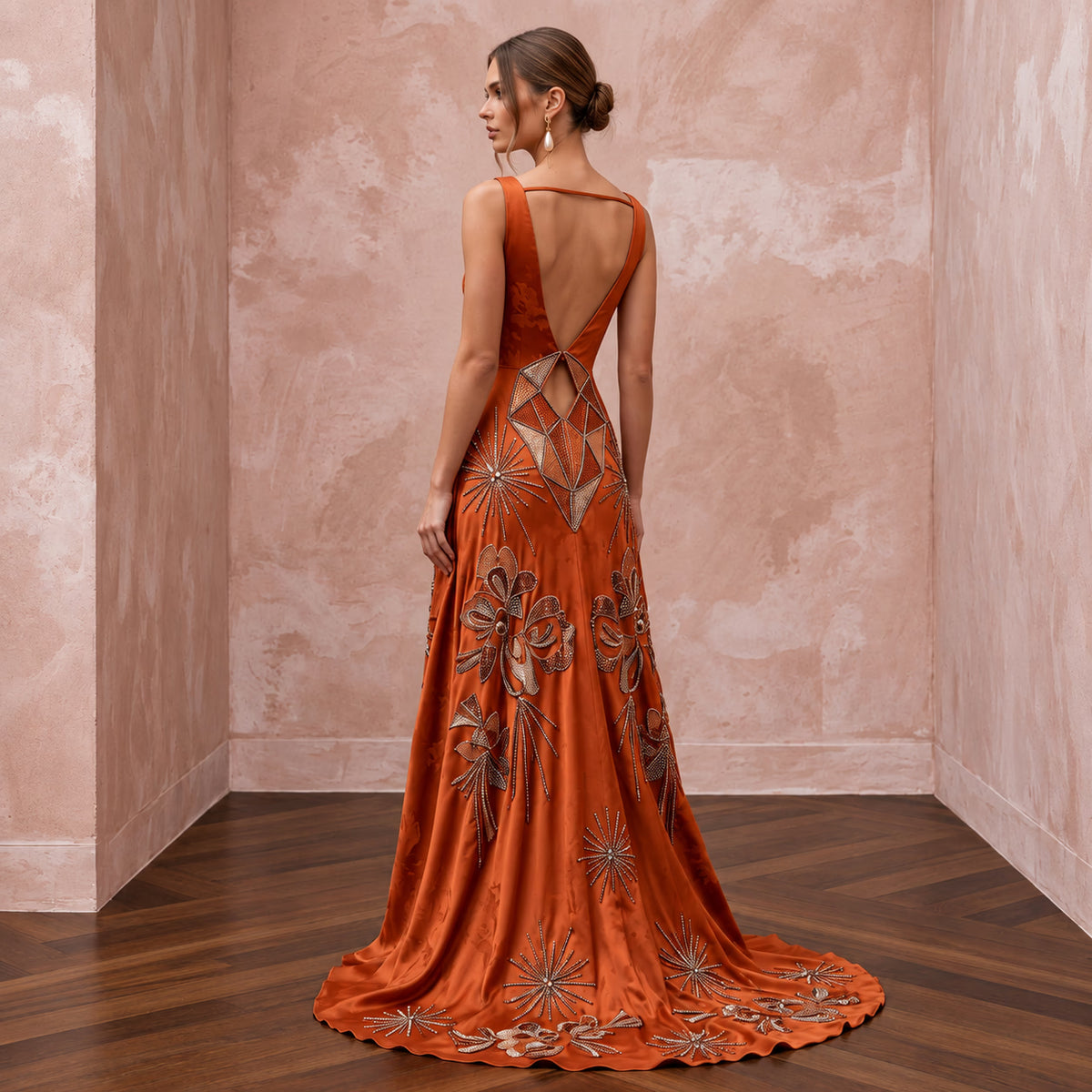 Burnt Orange Silk Charmeuse Plunge Neck Flowing Maxi Dress