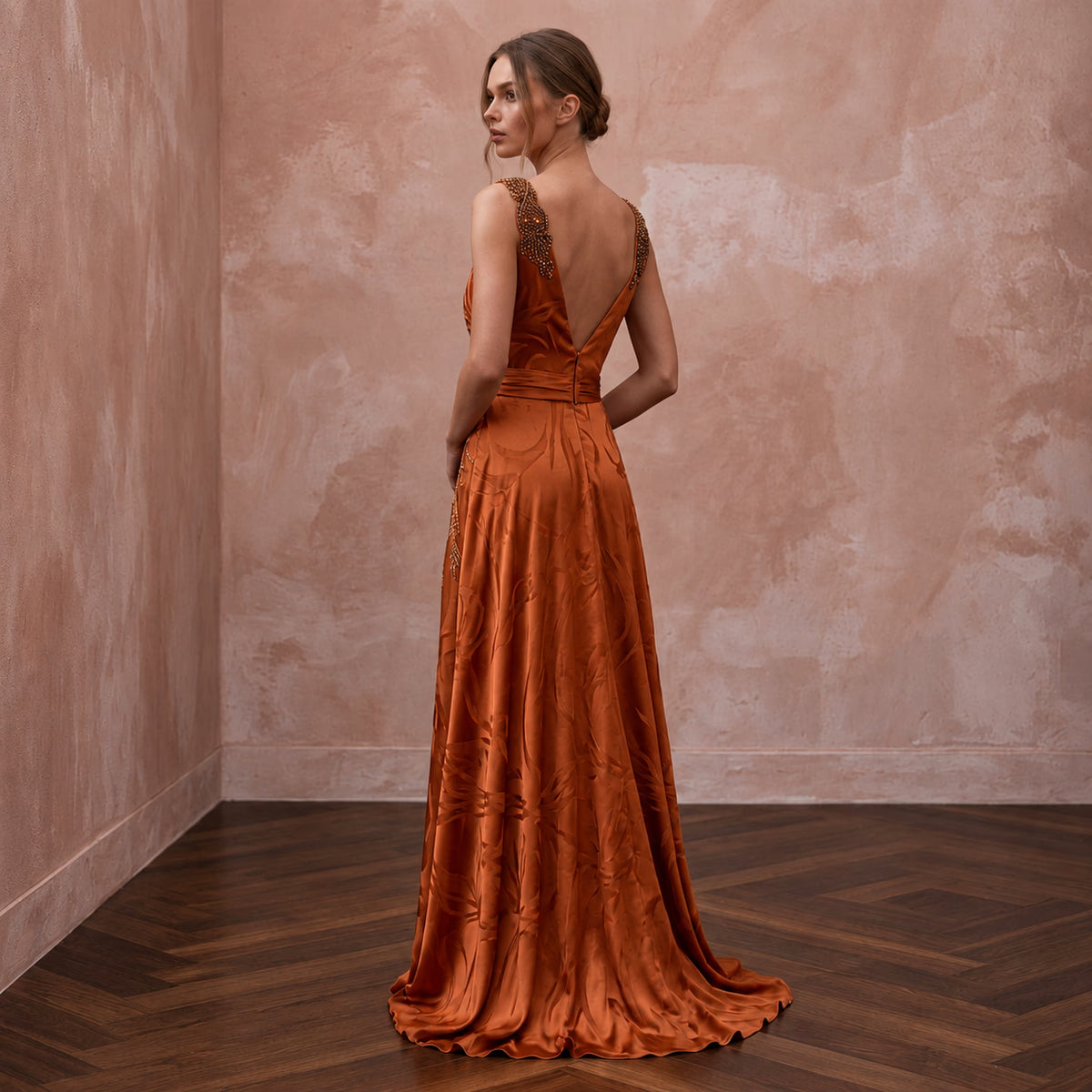 Burnt Orange Silk Charmeuse Plunge Neck Flowing Maxi Dress