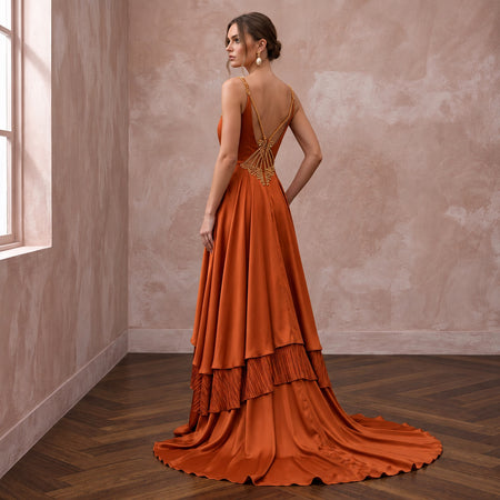 Burnt Orange Silk Charmeuse Plunge Neck Flowing Maxi Dress