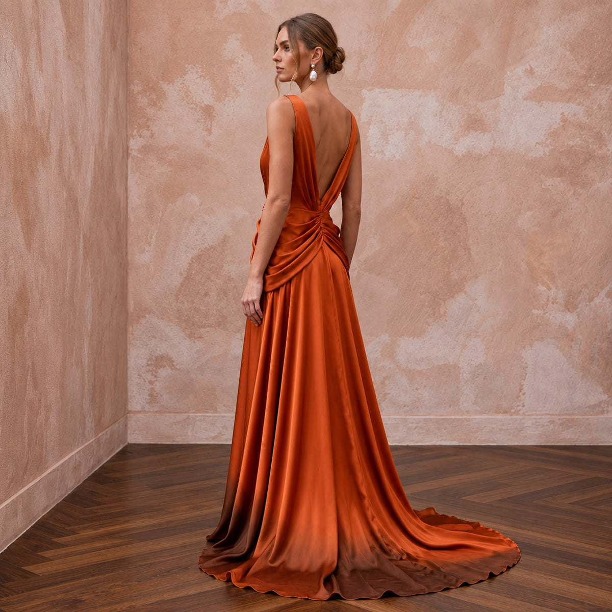 Burnt Orange Silk Charmeuse Plunge Neck Flowing Maxi Dress