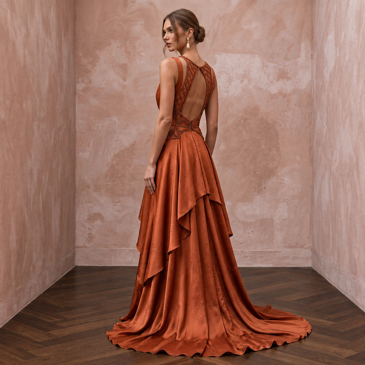 Burnt Orange Silk Charmeuse Plunge Neck Flowing Maxi Dress Secondary image