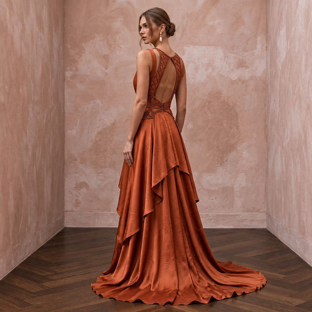 Burnt Orange Silk Charmeuse Plunge Neck Flowing Maxi Dress