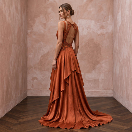 Burnt Orange Silk Charmeuse Plunge Neck Flowing Maxi Dress