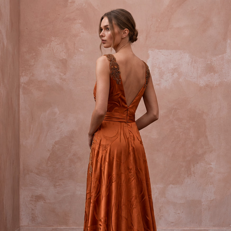 Burnt Orange Silk Charmeuse Plunge Neck Flowing Maxi Dress