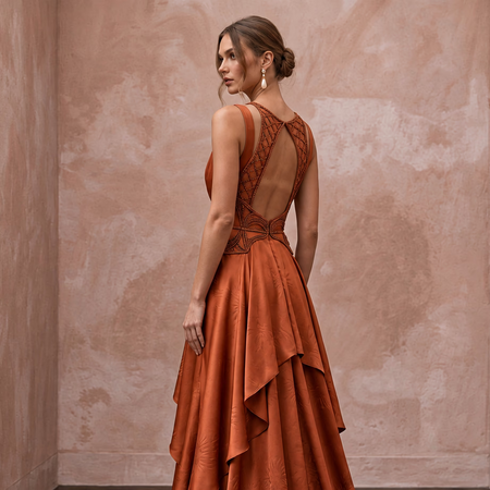 Burnt Orange Silk Charmeuse Plunge Neck Flowing Maxi Dress