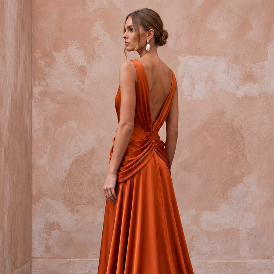 Burnt Orange Silk Charmeuse Plunge Neck Flowing Maxi Dress