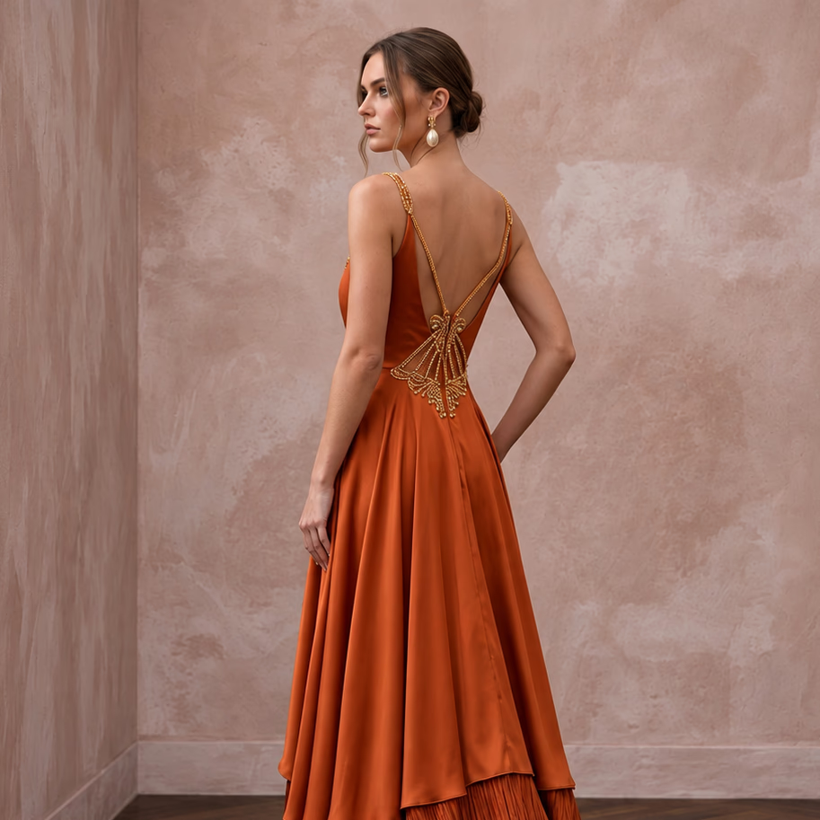 Burnt Orange Silk Charmeuse Plunge Neck Flowing Maxi Dress