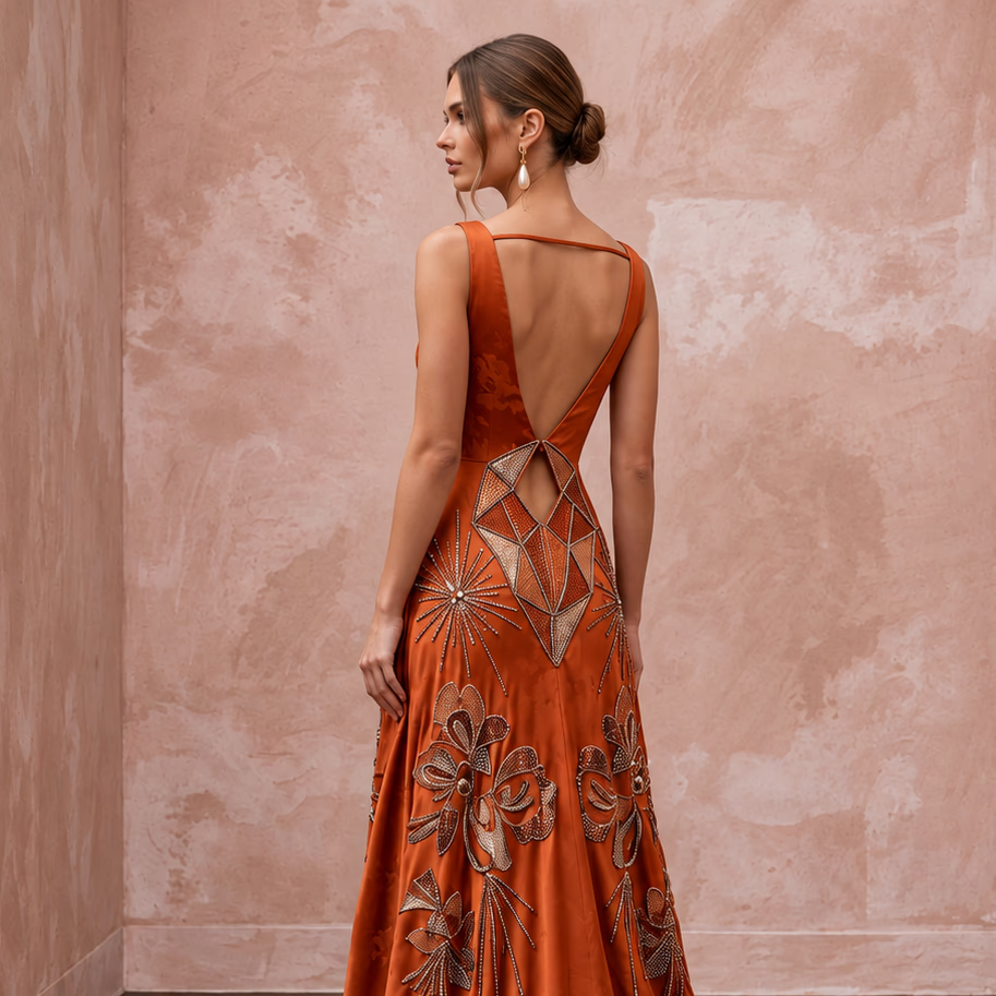 Burnt Orange Silk Charmeuse Plunge Neck Flowing Maxi Dress