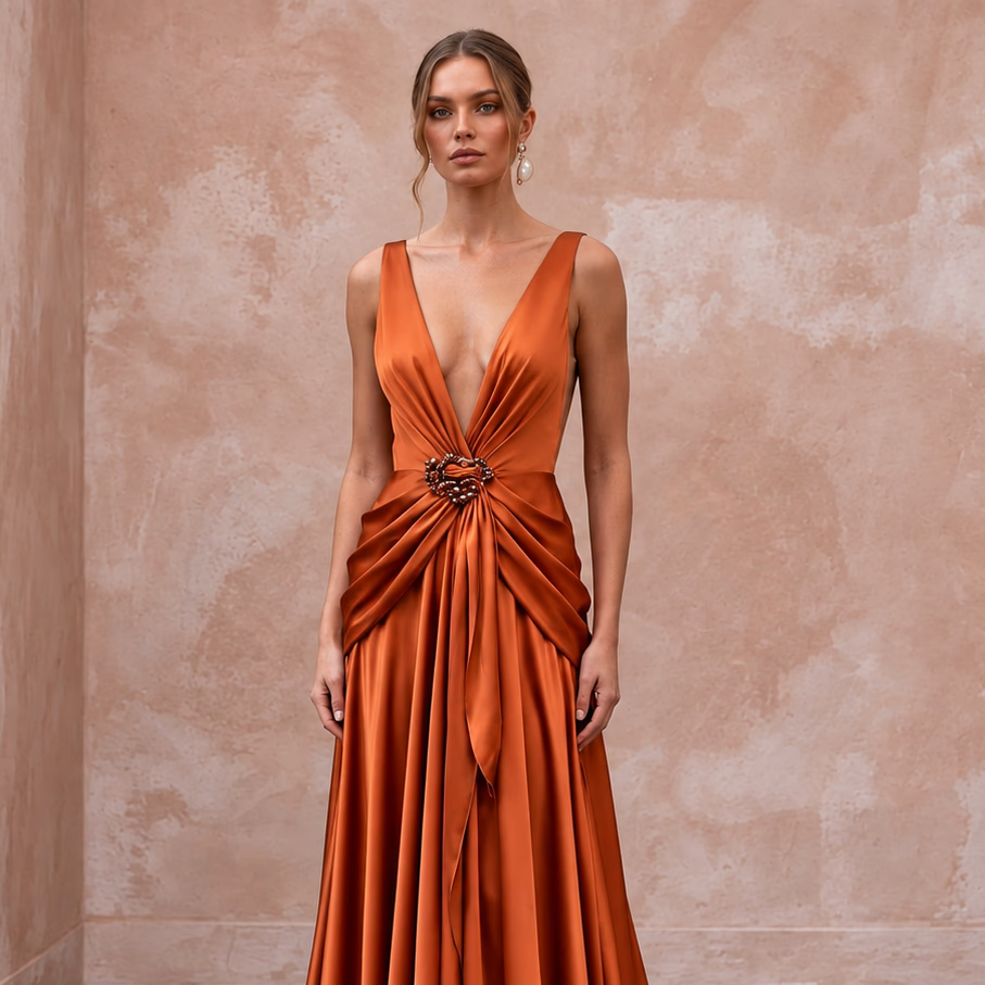 Burnt Orange Silk Charmeuse Plunge Neck Flowing Maxi Dress