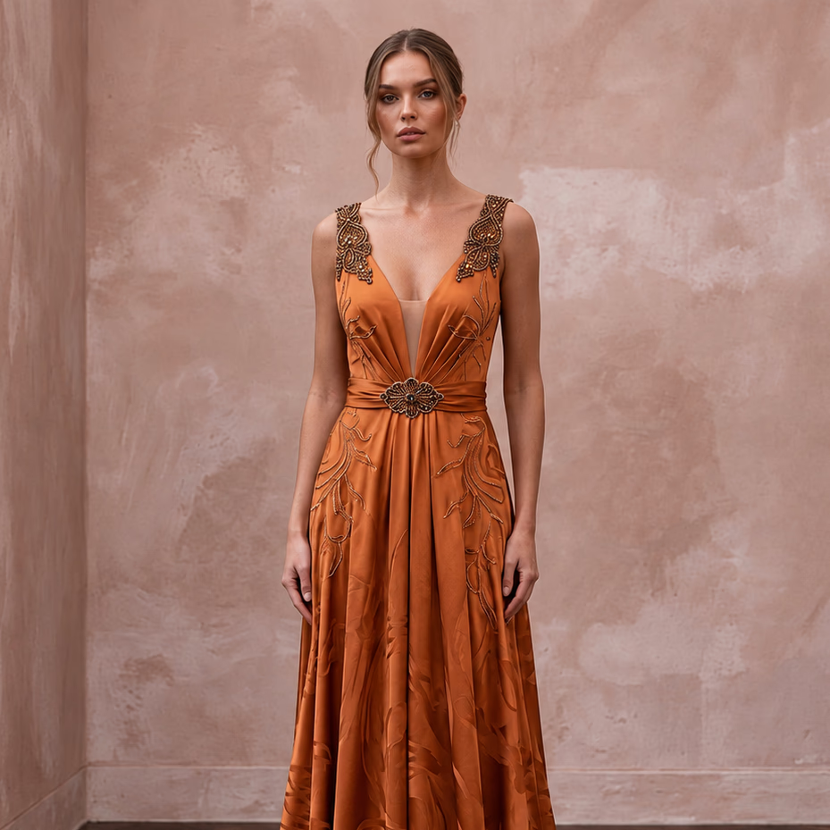 Burnt Orange Silk Charmeuse Plunge Neck Flowing Maxi Dress