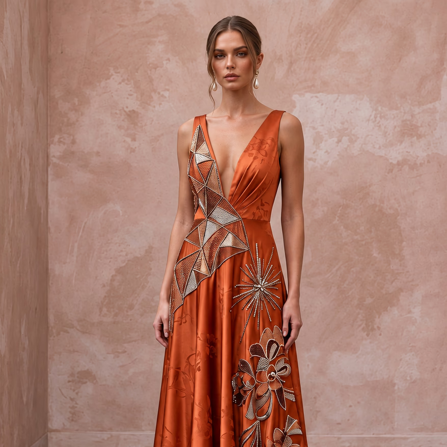 Burnt Orange Silk Charmeuse Plunge Neck Flowing Maxi Dress