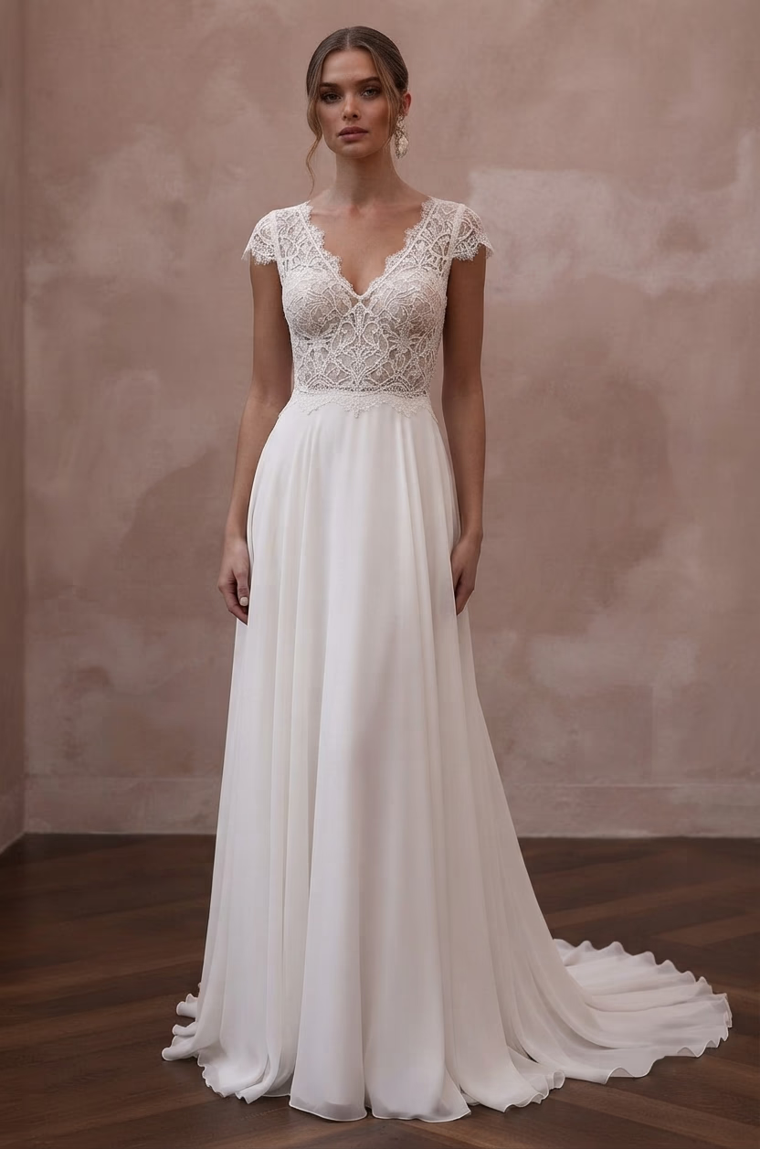 Cap Sleeve Wedding Dresses with Delicate Lace Trim - Apparel & Accessories > Clothing > Wedding & Bridal Party Dresses > Wedding Dresses - Mignonette