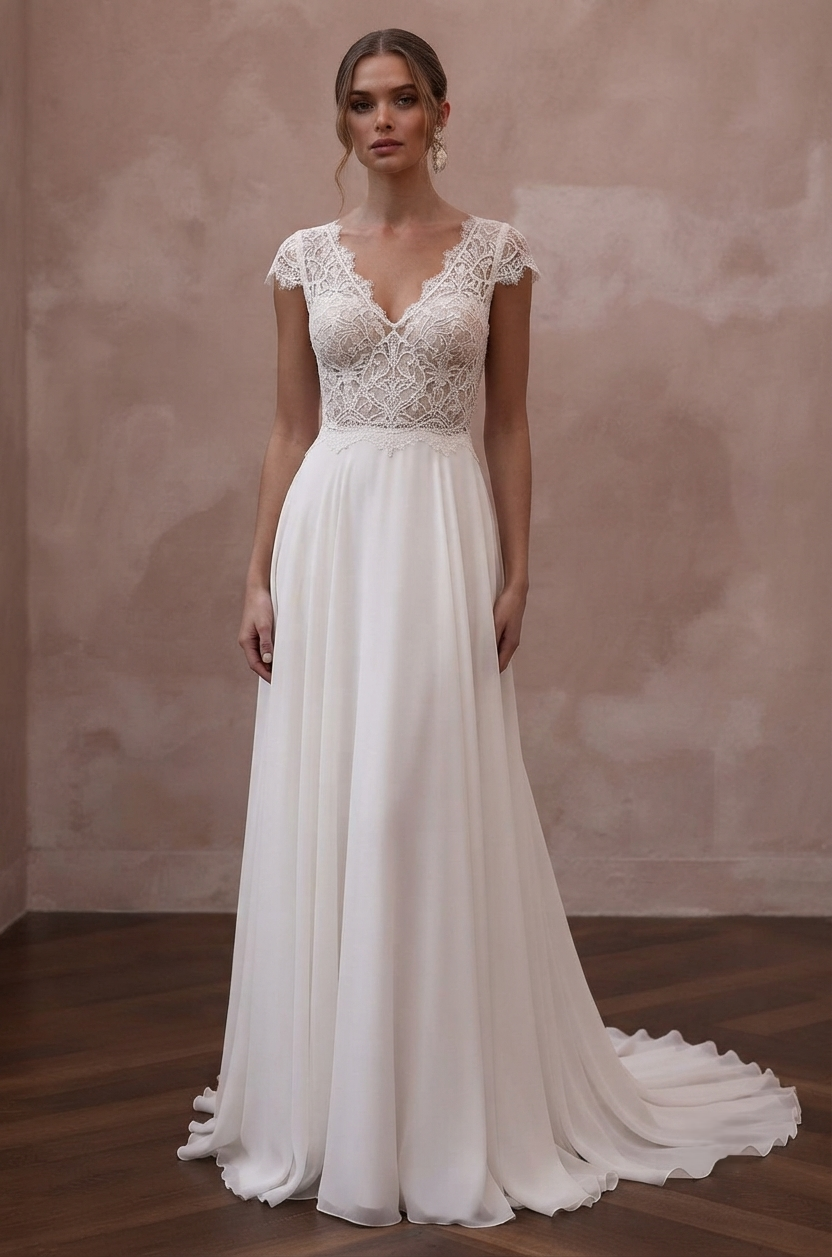 Cap Sleeve Wedding Dresses with Delicate Lace Trim Main image