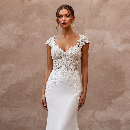 Cap Sleeve Wedding Dresses with Elegant Floral Lace - Apparel & Accessories > Clothing > Wedding & Bridal Party Dresses > Wedding Dresses - Mignonette Bridal