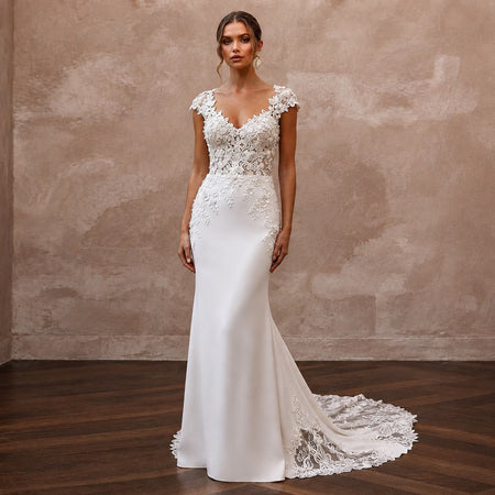 Cap Sleeve Wedding Dresses with Elegant Floral Lace - Apparel & Accessories > Clothing > Wedding & Bridal Party Dresses > Wedding Dresses - Mignonette Bridal