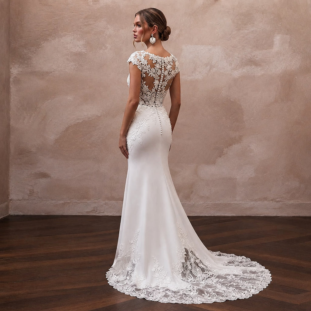 Cap Sleeve Wedding Dresses with Elegant Floral Lace - Apparel & Accessories > Clothing > Wedding & Bridal Party Dresses > Wedding Dresses - Mignonette Bridal