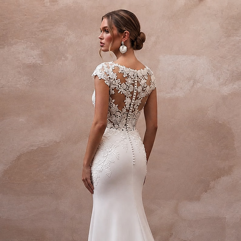 Cap Sleeve Wedding Dresses with Elegant Floral Lace - Apparel & Accessories > Clothing > Wedding & Bridal Party Dresses > Wedding Dresses - Mignonette Bridal