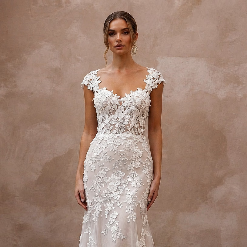 Cap Sleeve Wedding Dresses with Floral Lace Accents - Apparel & Accessories > Clothing > Wedding & Bridal Party Dresses > Wedding Dresses - Mignonette Bridal