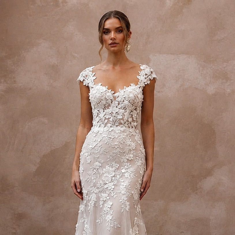 Cap Sleeve Wedding Dresses with Floral Lace Accents