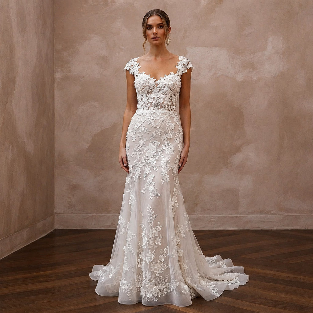 Cap Sleeve Wedding Dresses with Floral Lace Accents - Apparel & Accessories > Clothing > Wedding & Bridal Party Dresses > Wedding Dresses - Mignonette Bridal