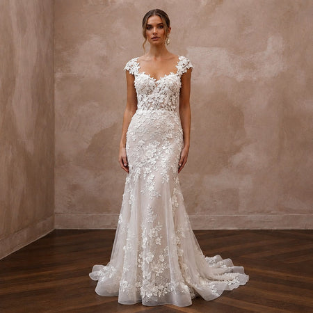 Cap Sleeve Wedding Dresses with Floral Lace Accents - Apparel & Accessories > Clothing > Wedding & Bridal Party Dresses > Wedding Dresses - Mignonette Bridal