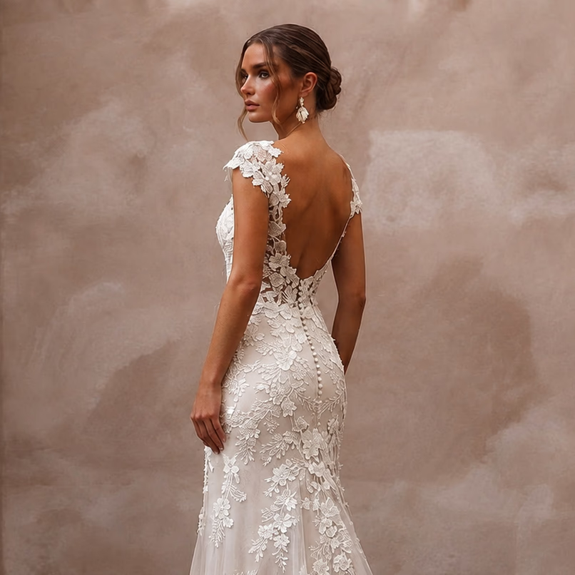 Cap Sleeve Wedding Dresses with Floral Lace Accents - Apparel & Accessories > Clothing > Wedding & Bridal Party Dresses > Wedding Dresses - Mignonette Bridal