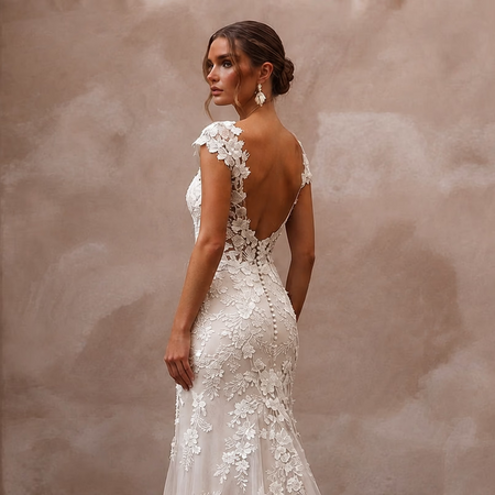 Cap Sleeve Wedding Dresses with Floral Lace Accents - Apparel & Accessories > Clothing > Wedding & Bridal Party Dresses > Wedding Dresses - Mignonette Bridal