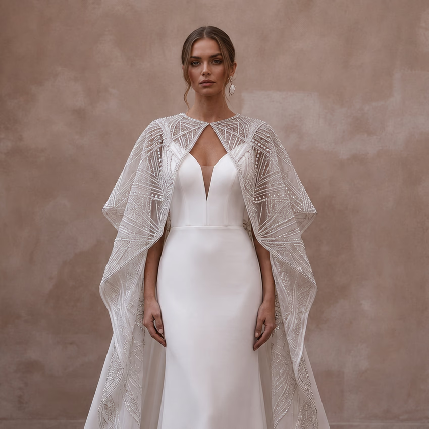 Cape Wedding Dresses with Dramatic Cathedral Trains - Apparel & Accessories > Clothing > Wedding & Bridal Party Dresses > Wedding Dresses - Mignonette