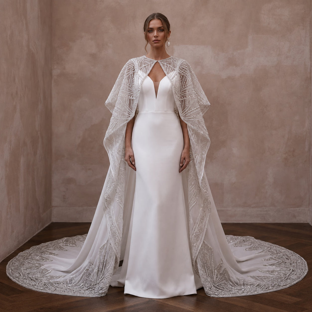 Cape Wedding Dresses with Dramatic Cathedral Trains - Apparel & Accessories > Clothing > Wedding & Bridal Party Dresses > Wedding Dresses - Mignonette