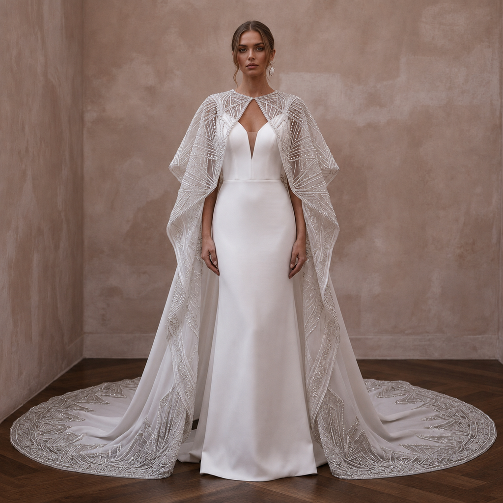 Cape Wedding Dresses with Dramatic Cathedral Trains