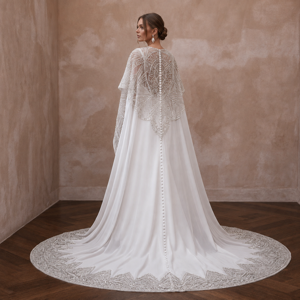 Cape Wedding Dresses with Dramatic Cathedral Trains