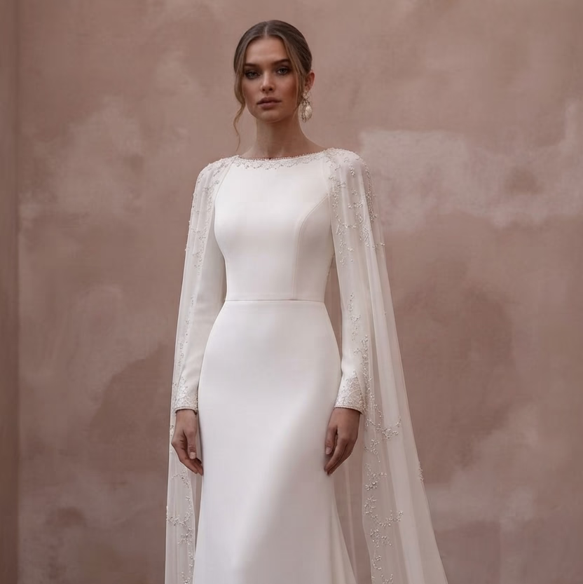 Cape Wedding Dresses with Elegant Flowing Trains - Apparel & Accessories > Clothing > Wedding & Bridal Party Dresses > Wedding Dresses - Mignonette