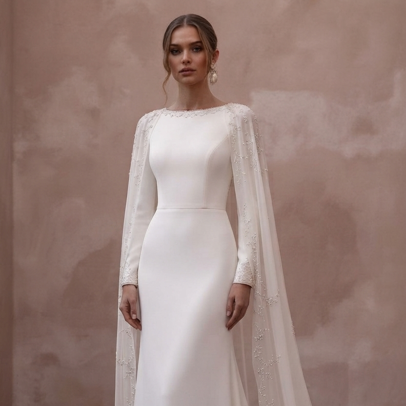Cape Wedding Dresses with Elegant Flowing Trains