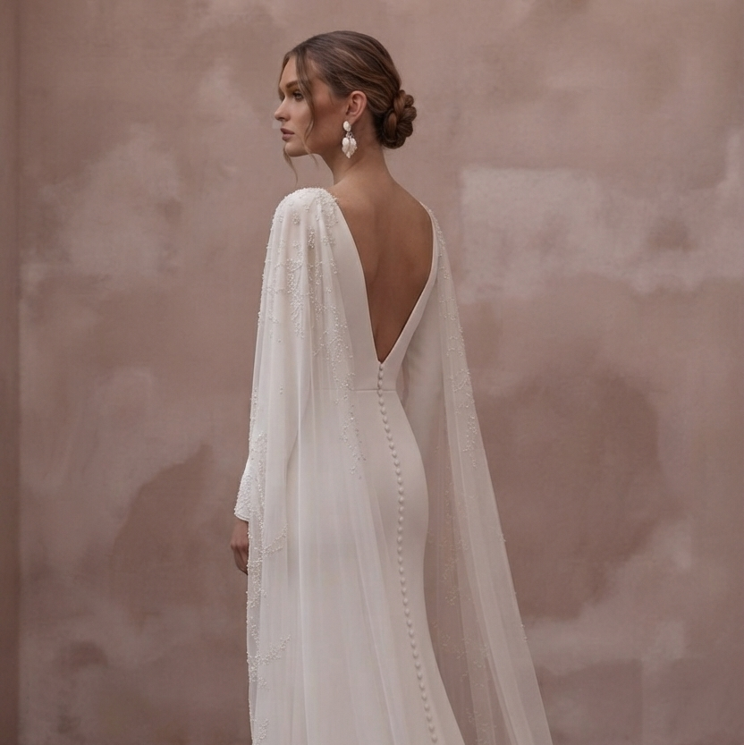 Cape Wedding Dresses with Elegant Flowing Trains