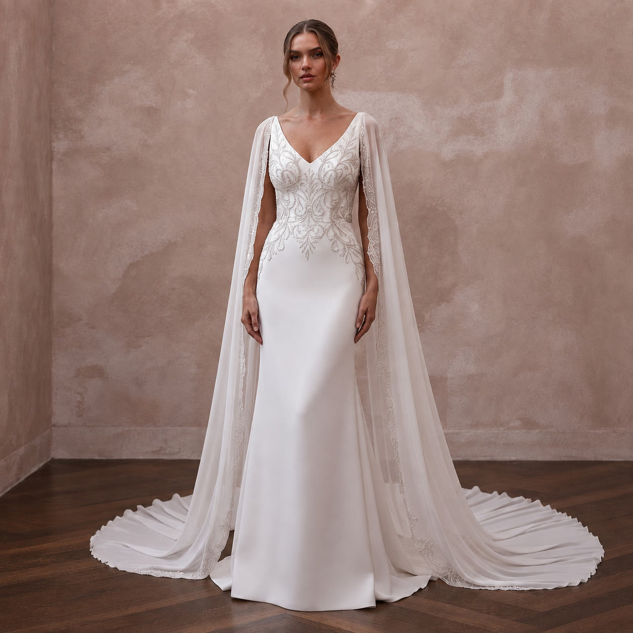 Cape Wedding Dresses with Flowing Cathedral Trains - Apparel & Accessories > Clothing > Wedding & Bridal Party Dresses > Wedding Dresses - Mignonette Bridal