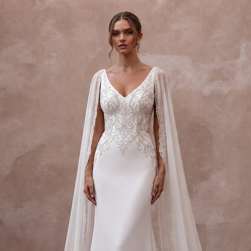 Cape Wedding Dresses with Flowing Cathedral Trains - Apparel & Accessories > Clothing > Wedding & Bridal Party Dresses > Wedding Dresses - Mignonette Bridal