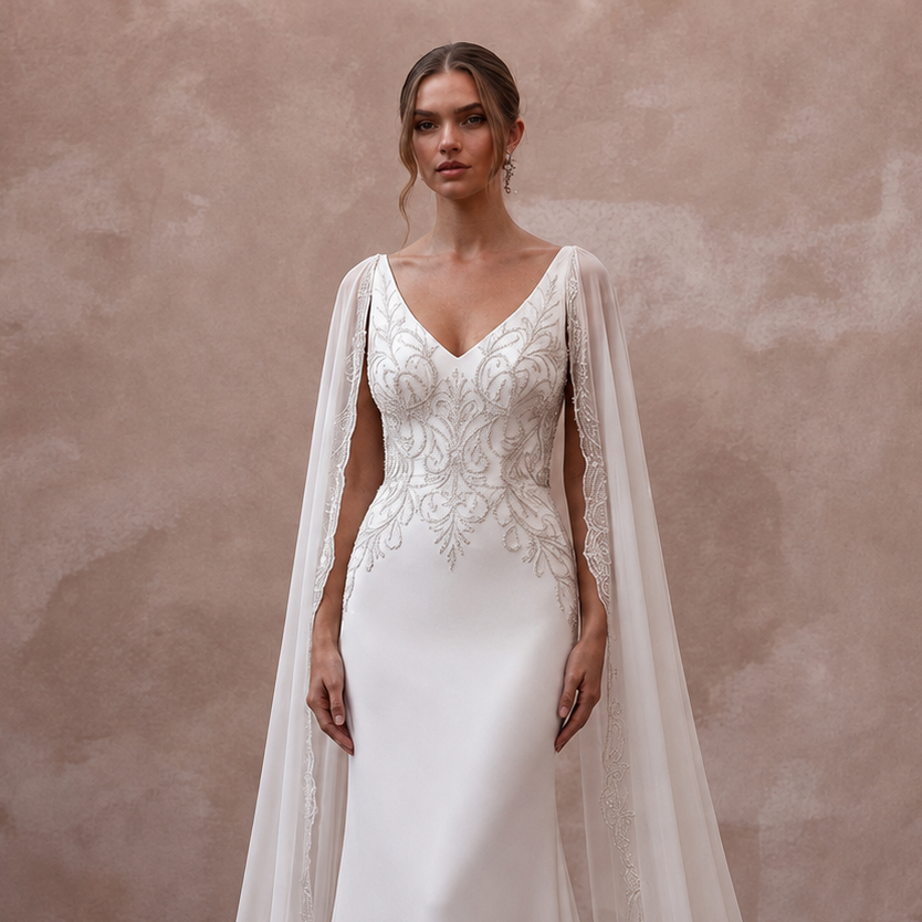 Cape Wedding Dresses with Flowing Cathedral Trains