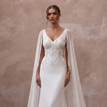 Cape Wedding Dresses with Flowing Cathedral Trains