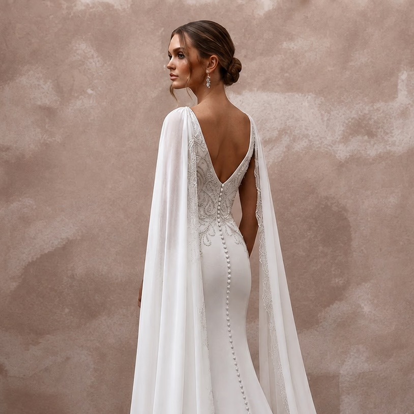 Cape Wedding Dresses with Flowing Cathedral Trains - Apparel & Accessories > Clothing > Wedding & Bridal Party Dresses > Wedding Dresses - Mignonette Bridal